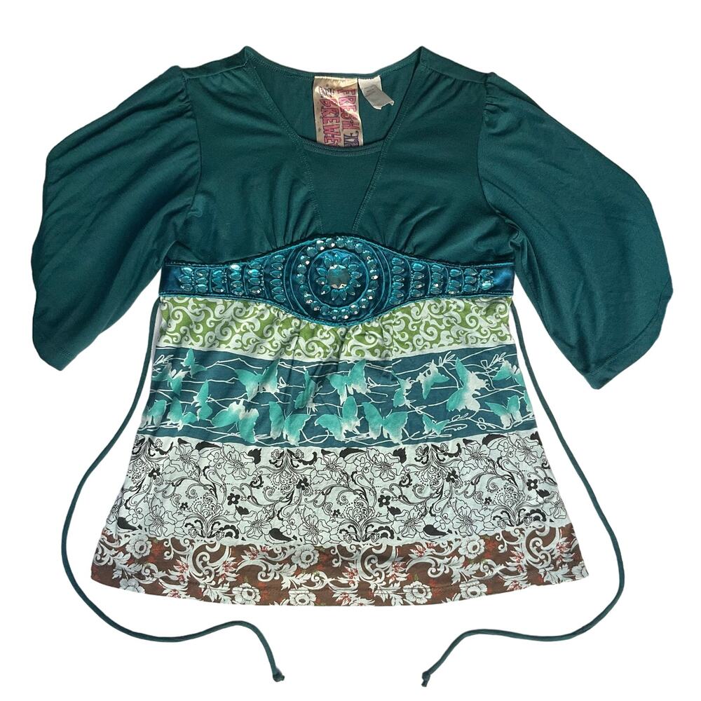 Fresh Brewed Girl 3/4 Sleeve Blouse for Girls, size L, Green Blue,Shining Stones